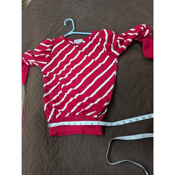 Vintage mutton sleeve magenta and white striped crew neck knit blouse - Picture 13 of 14